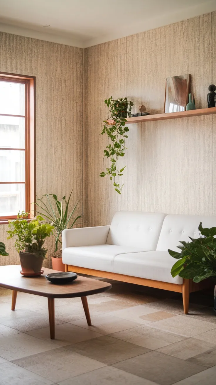 Natural light floods a serene modern Japandi living room featuring a white sofa, wooden accents, and subtle textures.