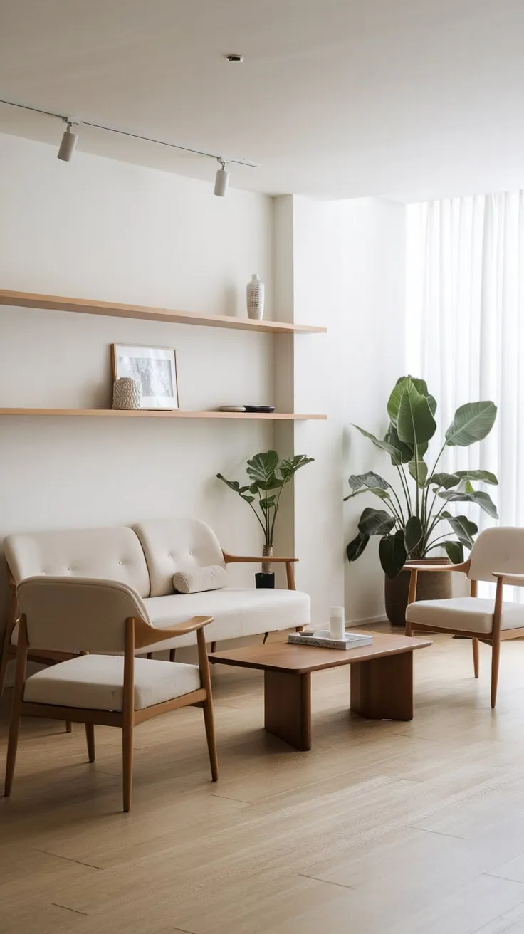A beige sofa and wooden accents define this calming, contemporary Japandi living space.