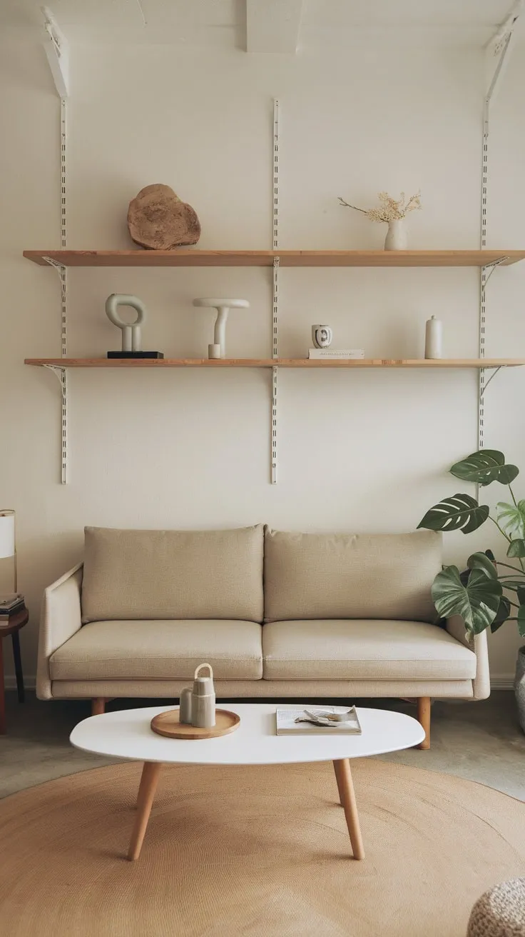 Neutral tones and natural materials create a serene modern Japandi living space, highlighted by a few key pieces of furniture and a touch of greenery.