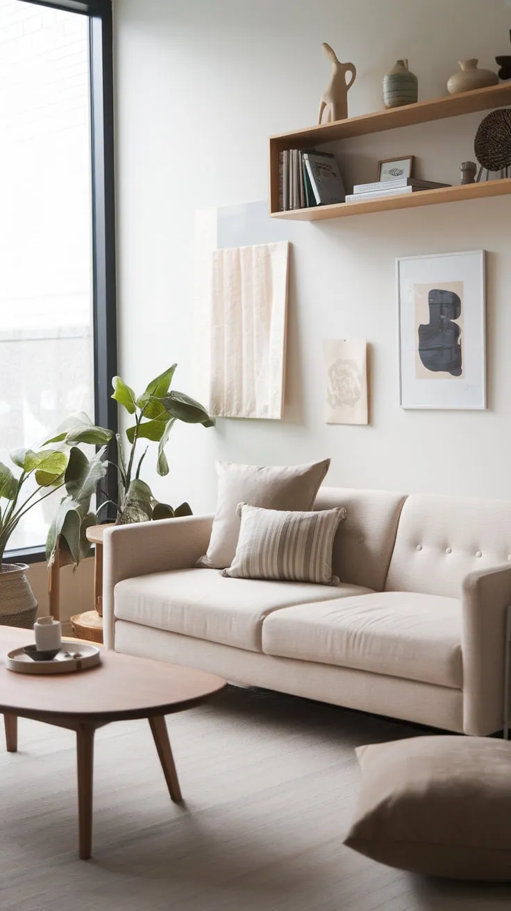 A calming modern Japandi living room showcases understated elegance with a beige sofa, wooden accents, and carefully chosen decor.