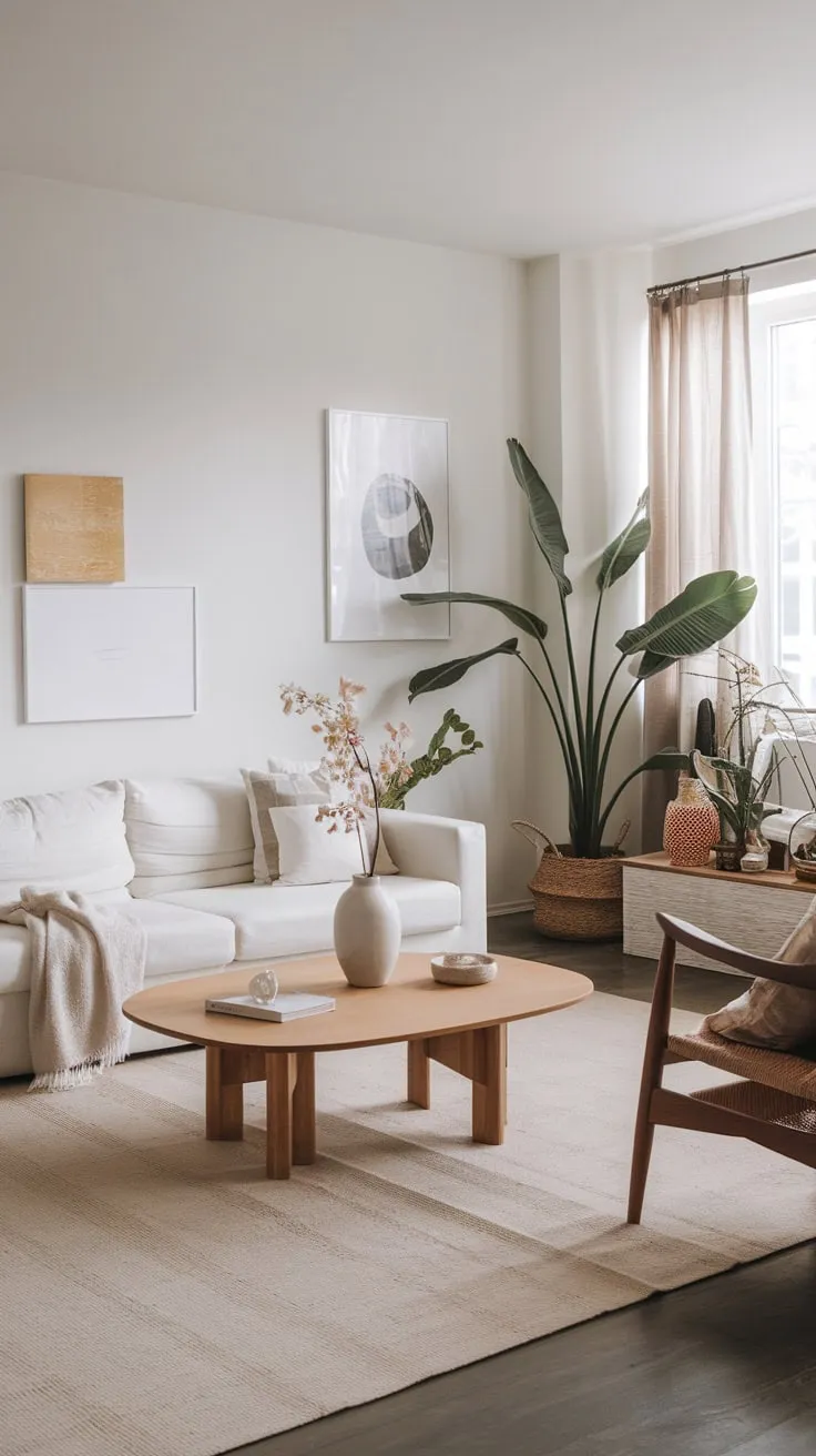 A minimalist Japandi living room features a spacious white and beige palette accented by natural wood and greenery.
