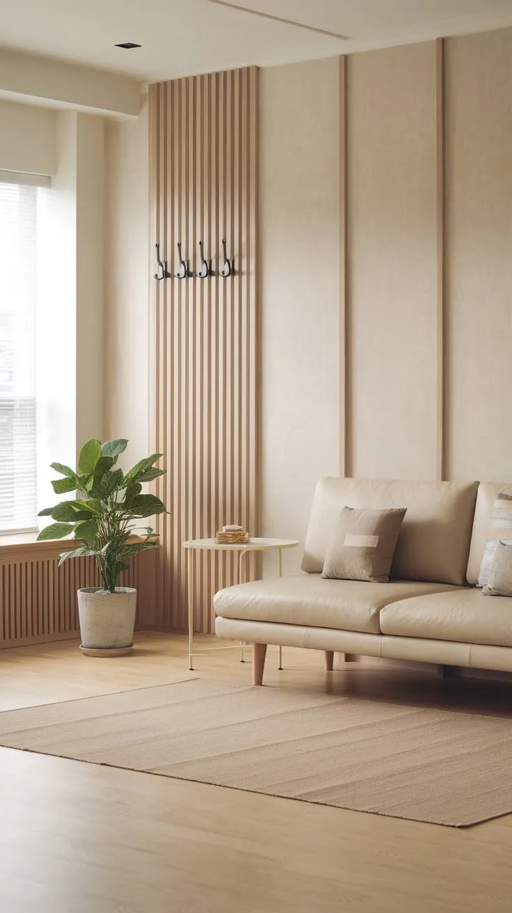 Neutral beige tones and natural wood accents create a serene modern Japandi living room.