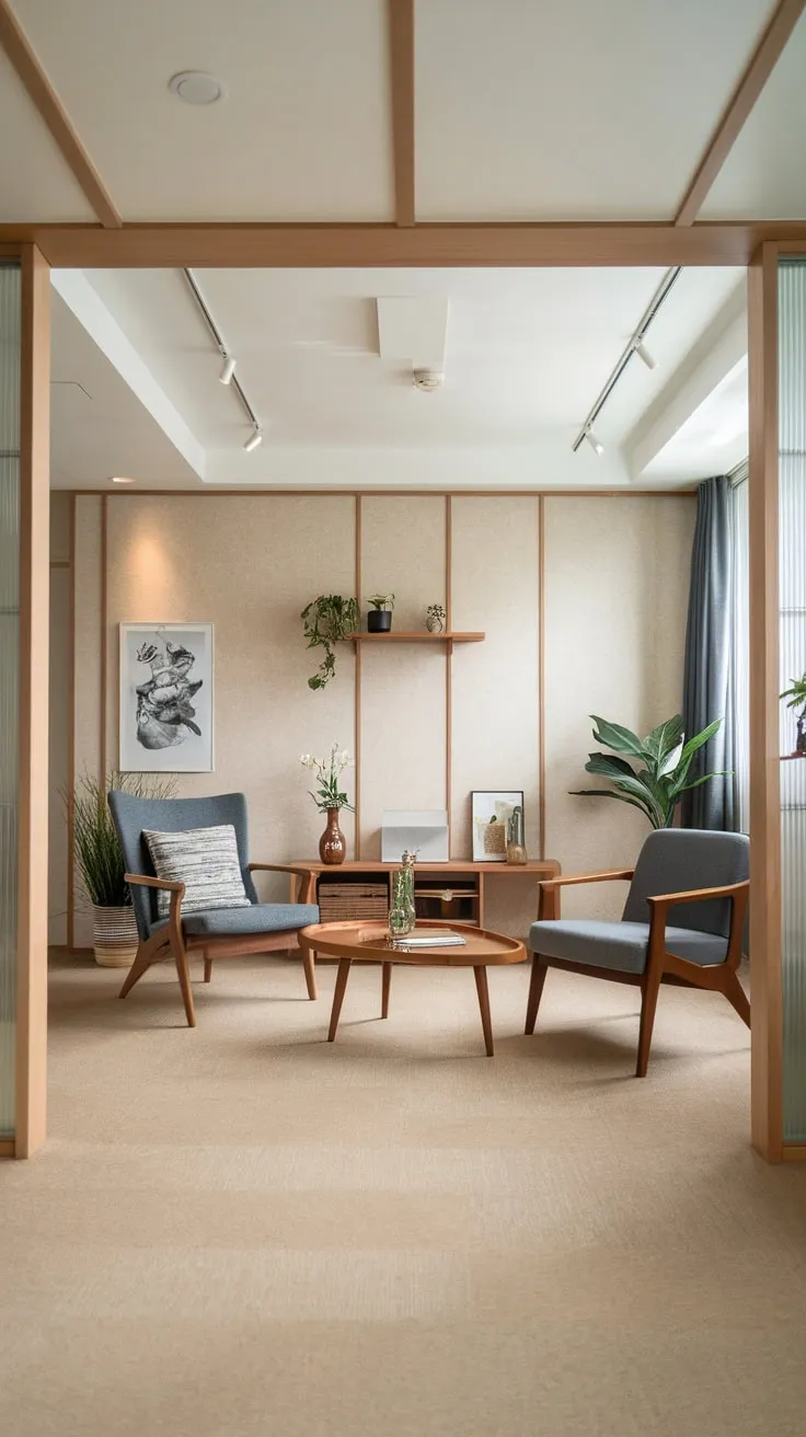 A calming beige and wood-toned palette defines this airy Japandi living room, showcasing understated elegance.