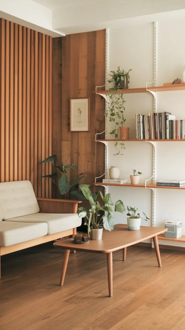 A modern Japandi living room showcases the beauty of natural wood, minimalist design, and carefully curated details for a tranquil atmosphere.