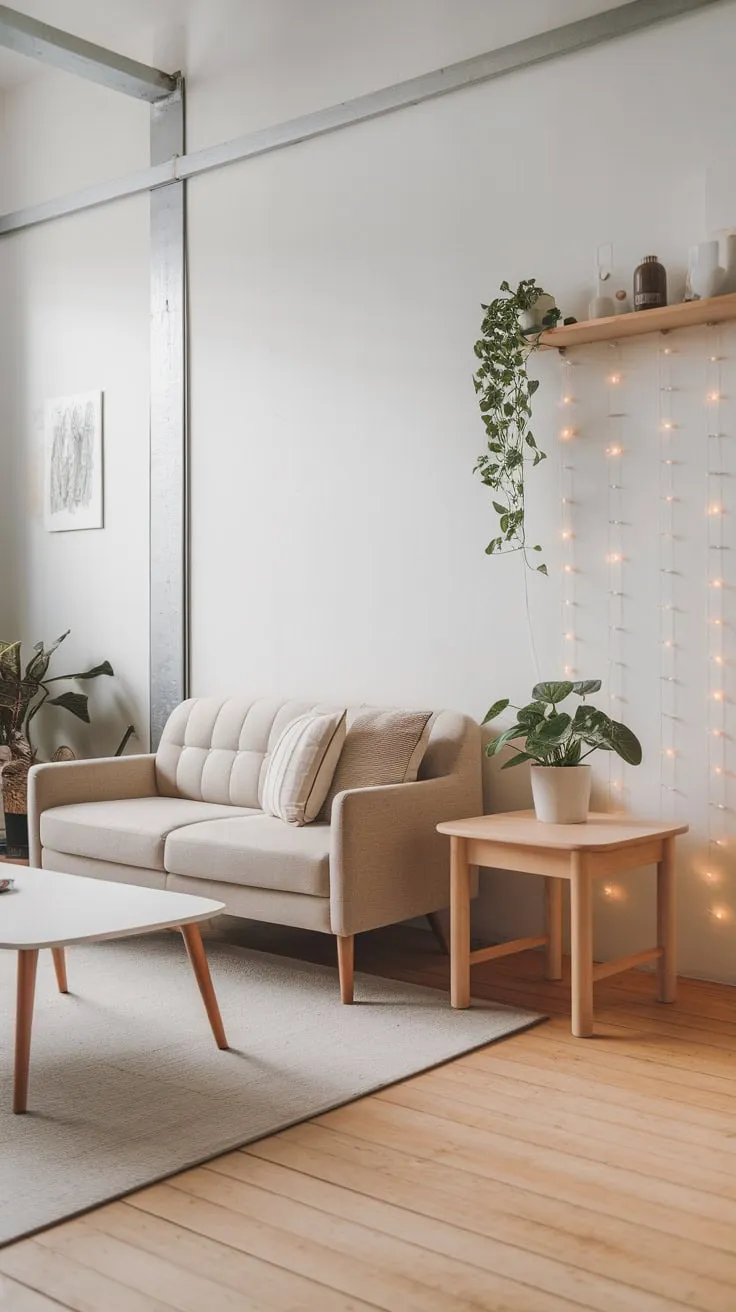 A calming modern Japandi living room features light wood, white walls, and sparse minimalist furnishings for a peaceful atmosphere.