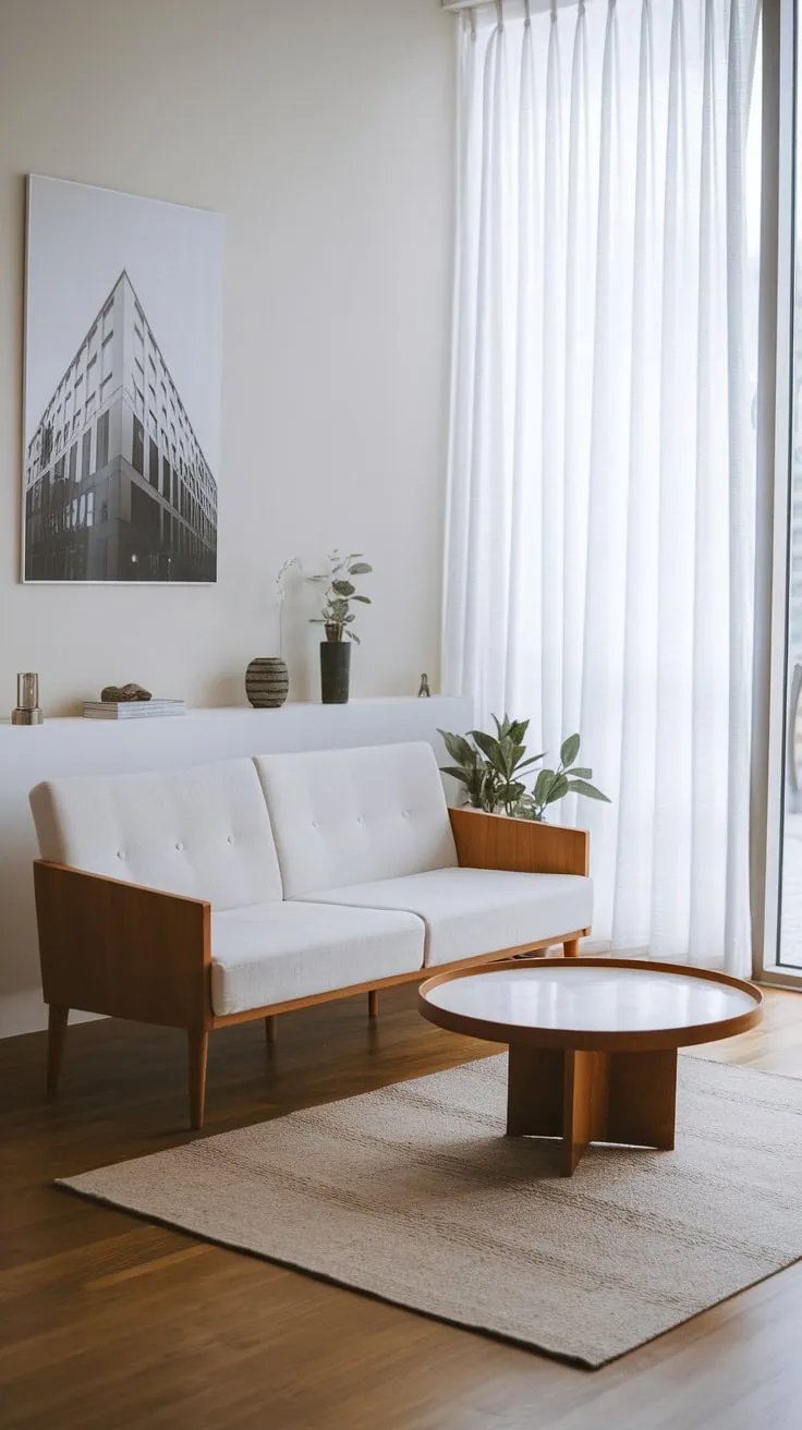 A calming modern Japandi living room features a neutral palette, natural wood accents, and carefully curated décor for a sophisticated aesthetic.
