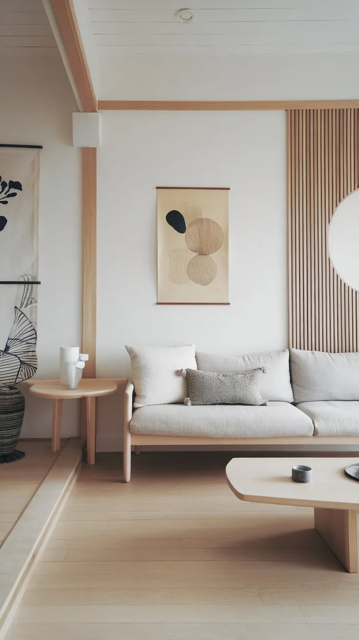 A light-filled modern Japandi living room showcases the harmonious fusion of Scandinavian minimalism and Japanese design elements.