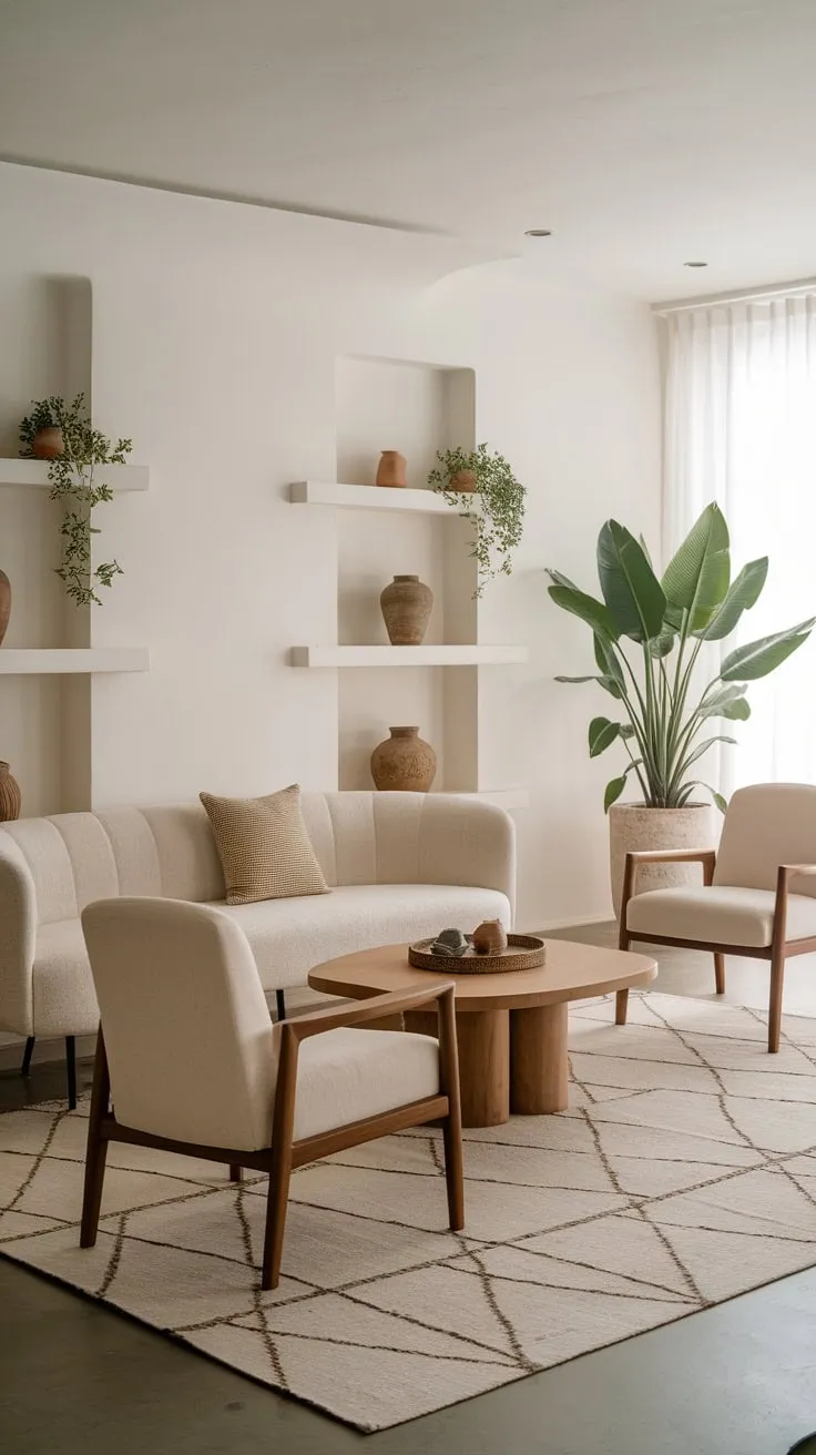 A calming modern Japandi living room features a beige palette, wooden accents, and carefully curated greenery.