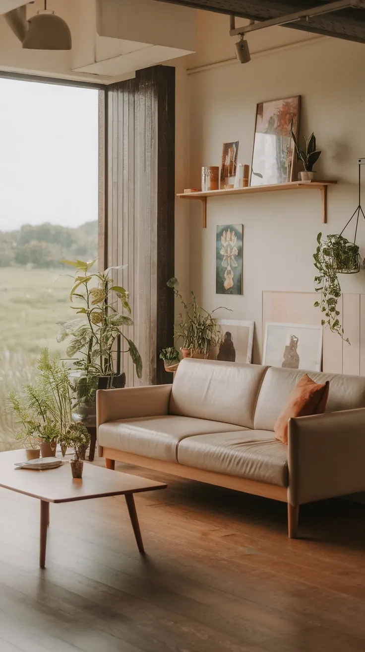 Warmth and serenity define this modern Japandi living room, its beige sofa and wooden accents complemented by natural light and greenery.