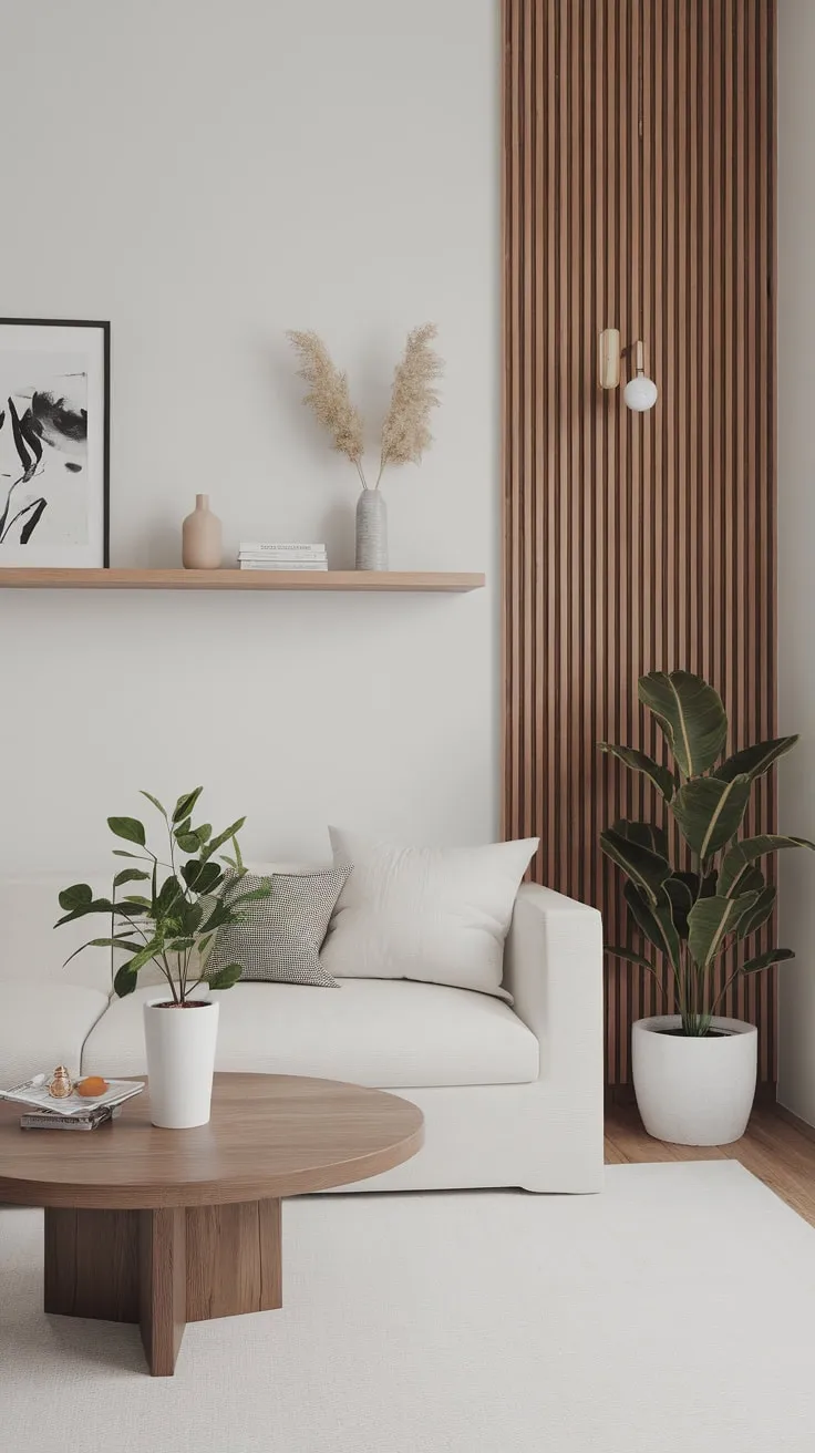 A calming modern Japandi living room features a white backdrop, wooden elements, and simple furnishings for a peaceful atmosphere.