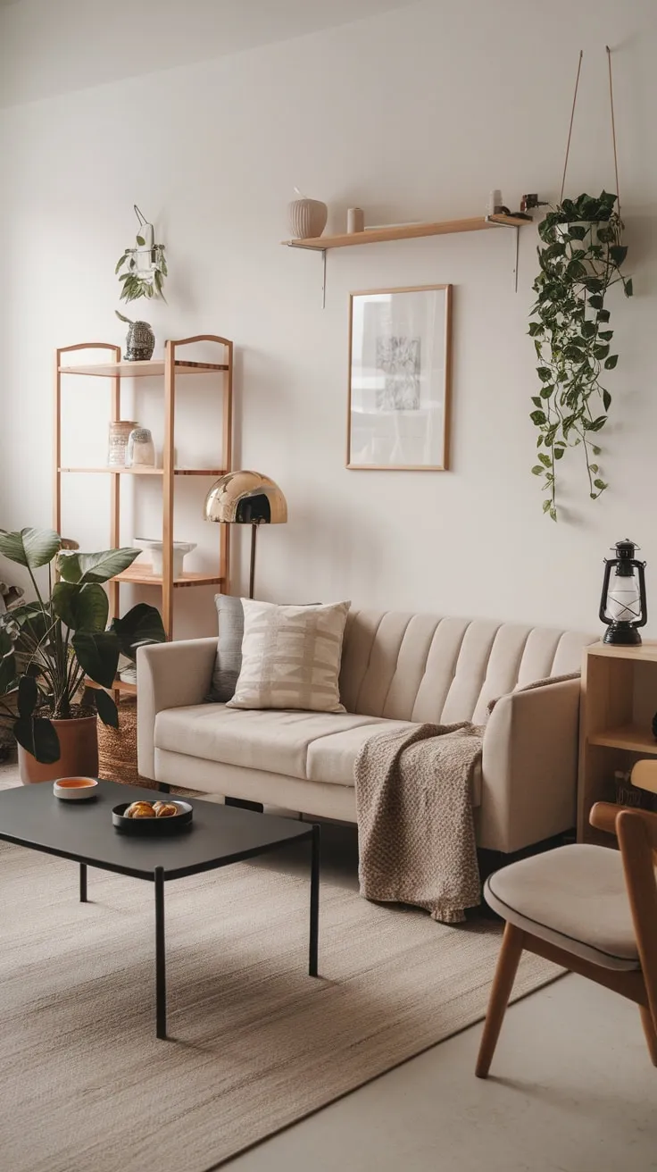 Simple wooden elements and muted tones create a tranquil modern Japandi living room, perfect for relaxation.