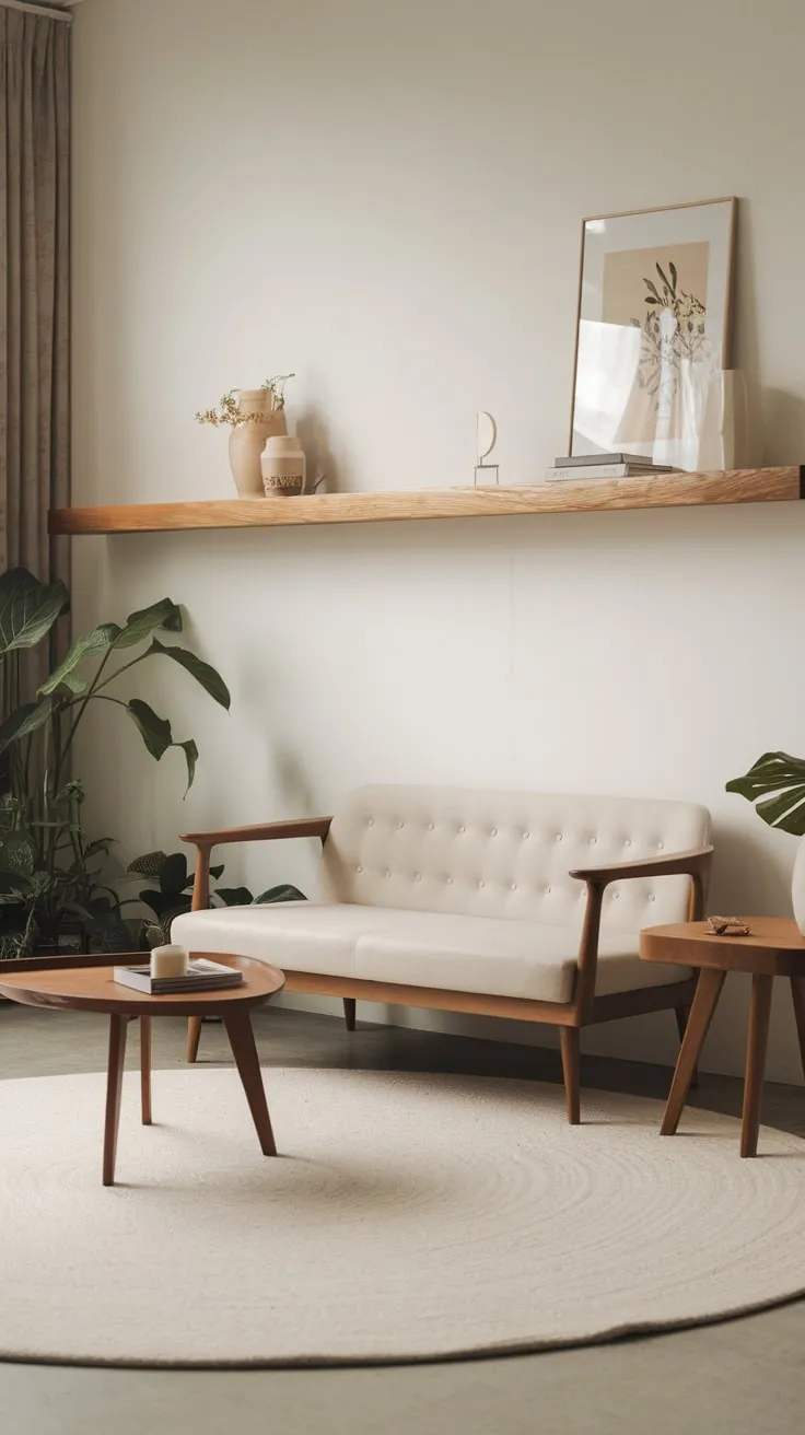 A modern Japandi living room showcases clean lines, natural wood, and muted tones for a peaceful and stylish space.