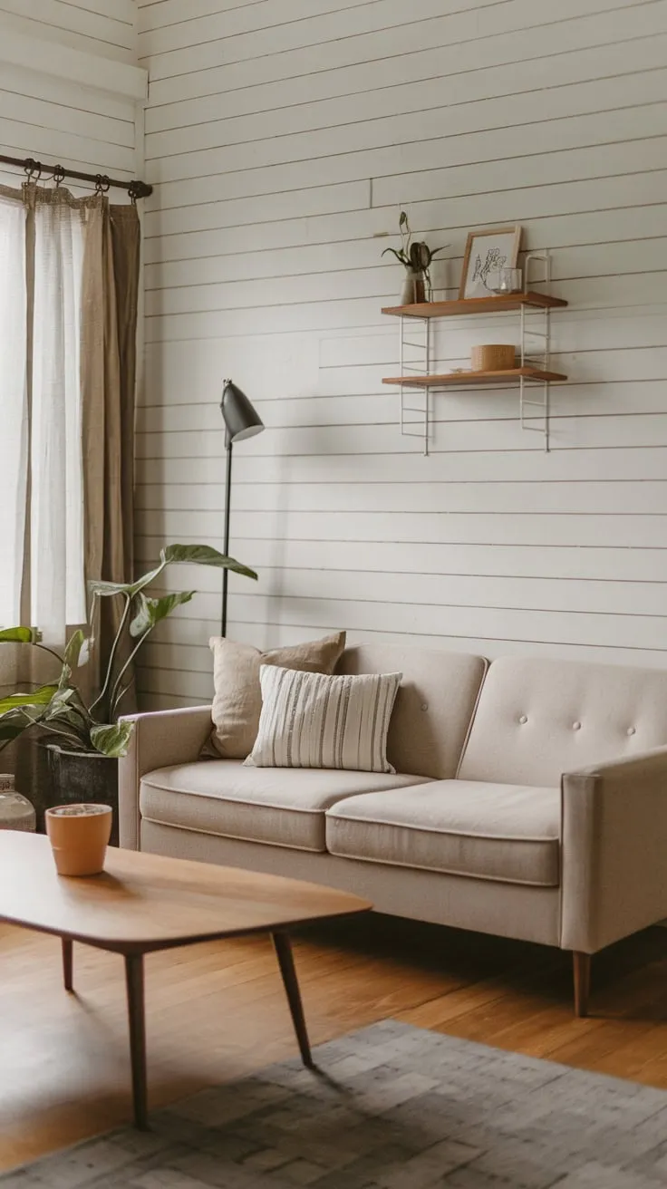 Soft lighting illuminates a calming modern Japandi living room featuring a beige sofa, wooden accents, and shiplap walls.