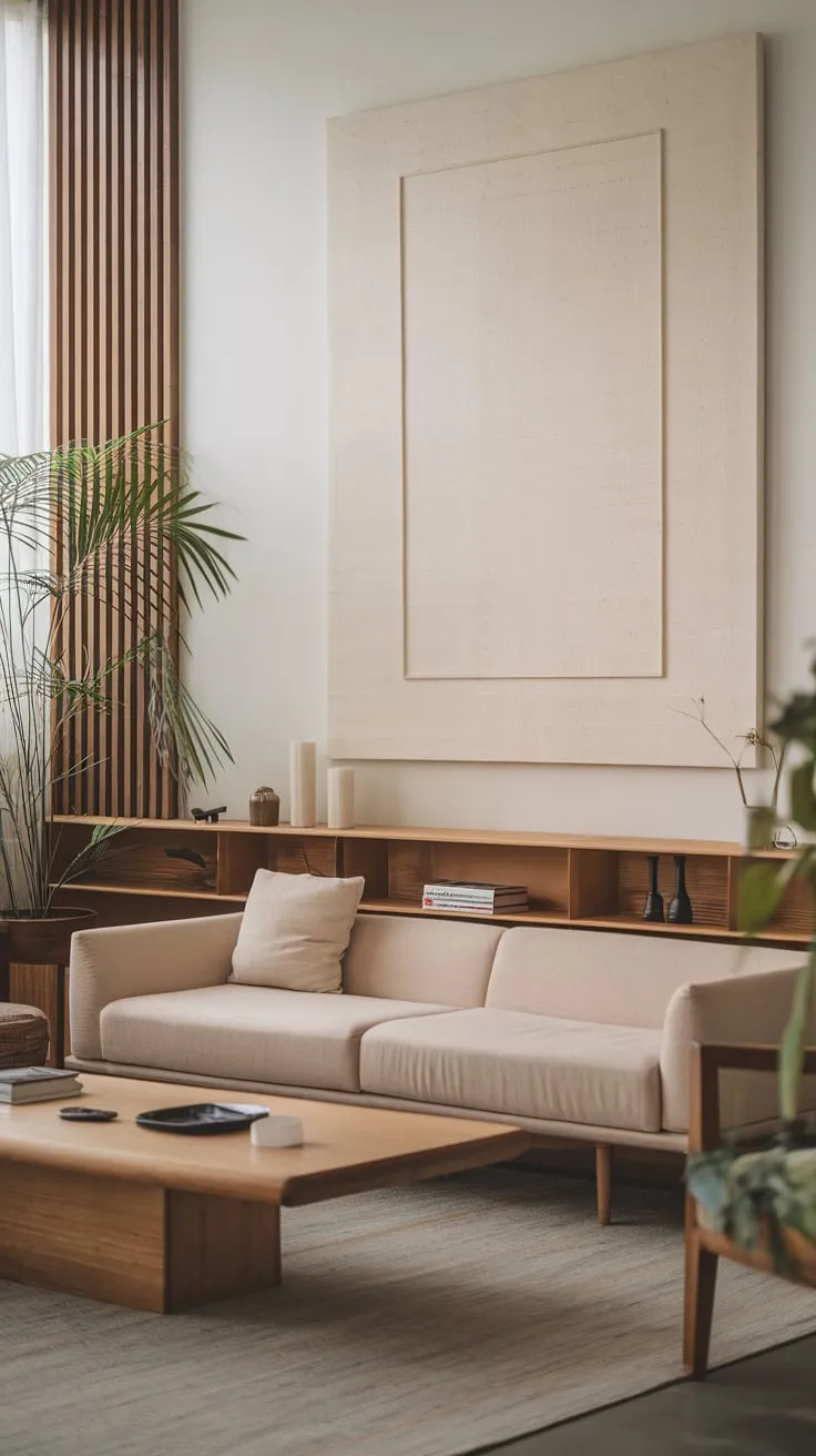 Natural textures and clean lines create a calming modern Japandi living space.