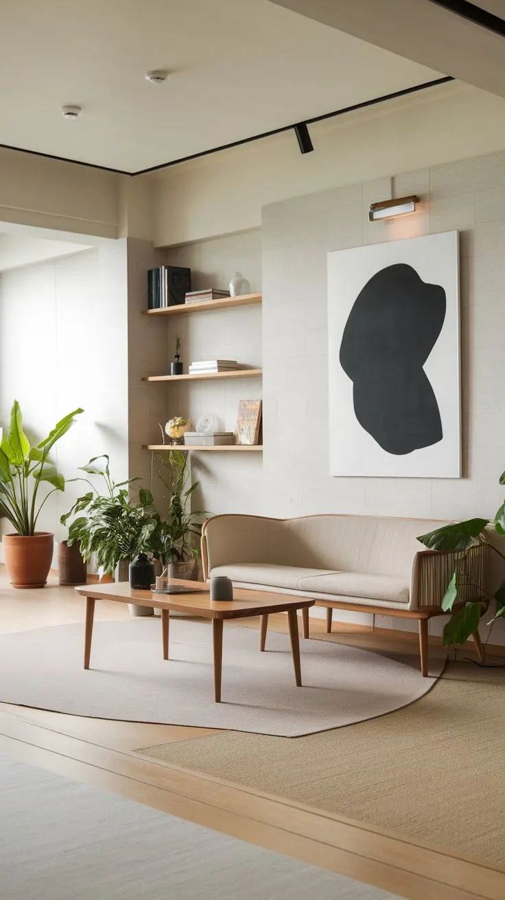 Natural light illuminates a calming Japandi living room featuring a beige sofa, wooden accents, and minimalist art, creating a serene atmosphere