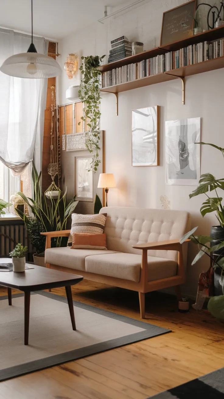 Natural wood, soft textures, and carefully curated details define this serene modern Japandi living room.
