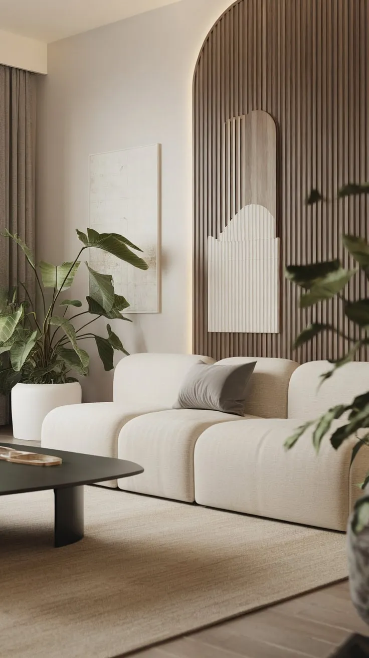 Clean lines and natural elements define this modern Japandi living room, creating a space of understated elegance.