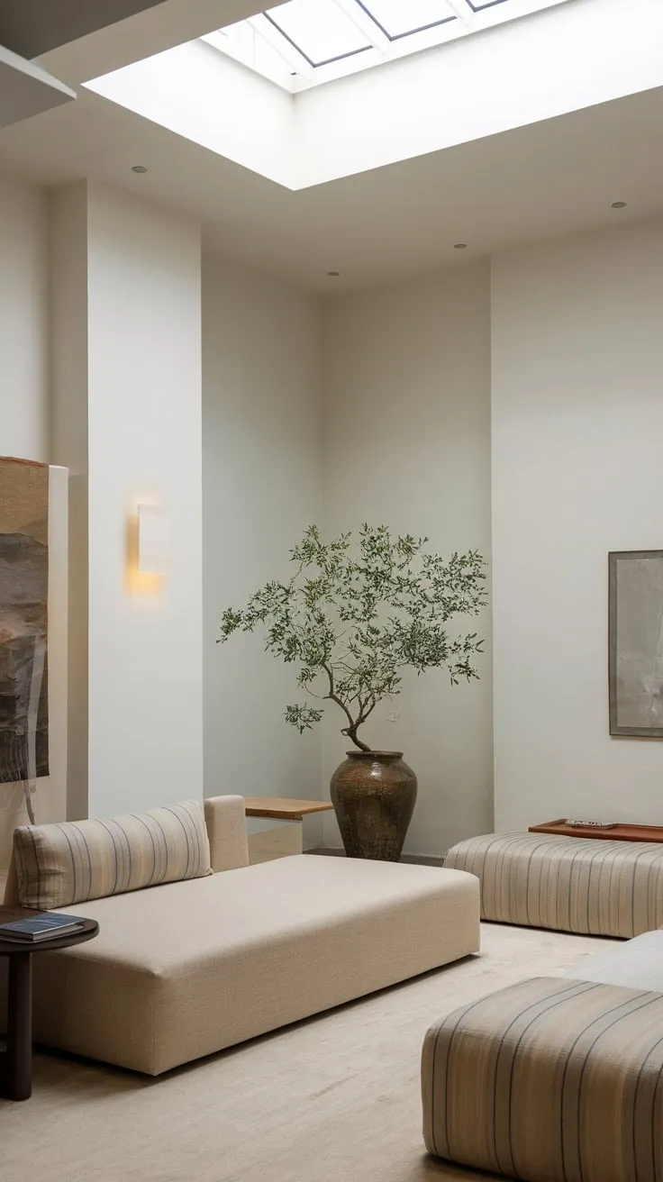 A serene modern Japandi living room boasts minimalist design, natural light, and calming neutral tones.