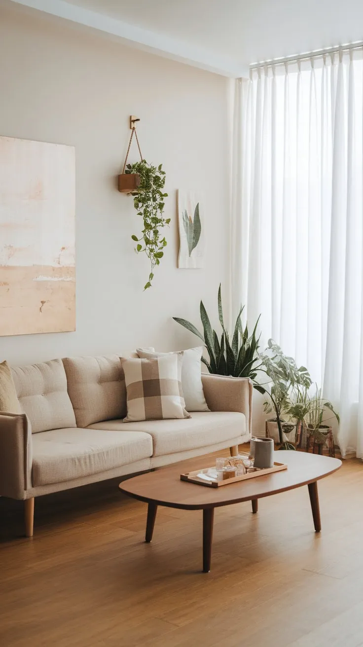A serene modern Japandi living room features a beige sofa, wooden accents, and calming artwork against a backdrop of natural light and wooden floors