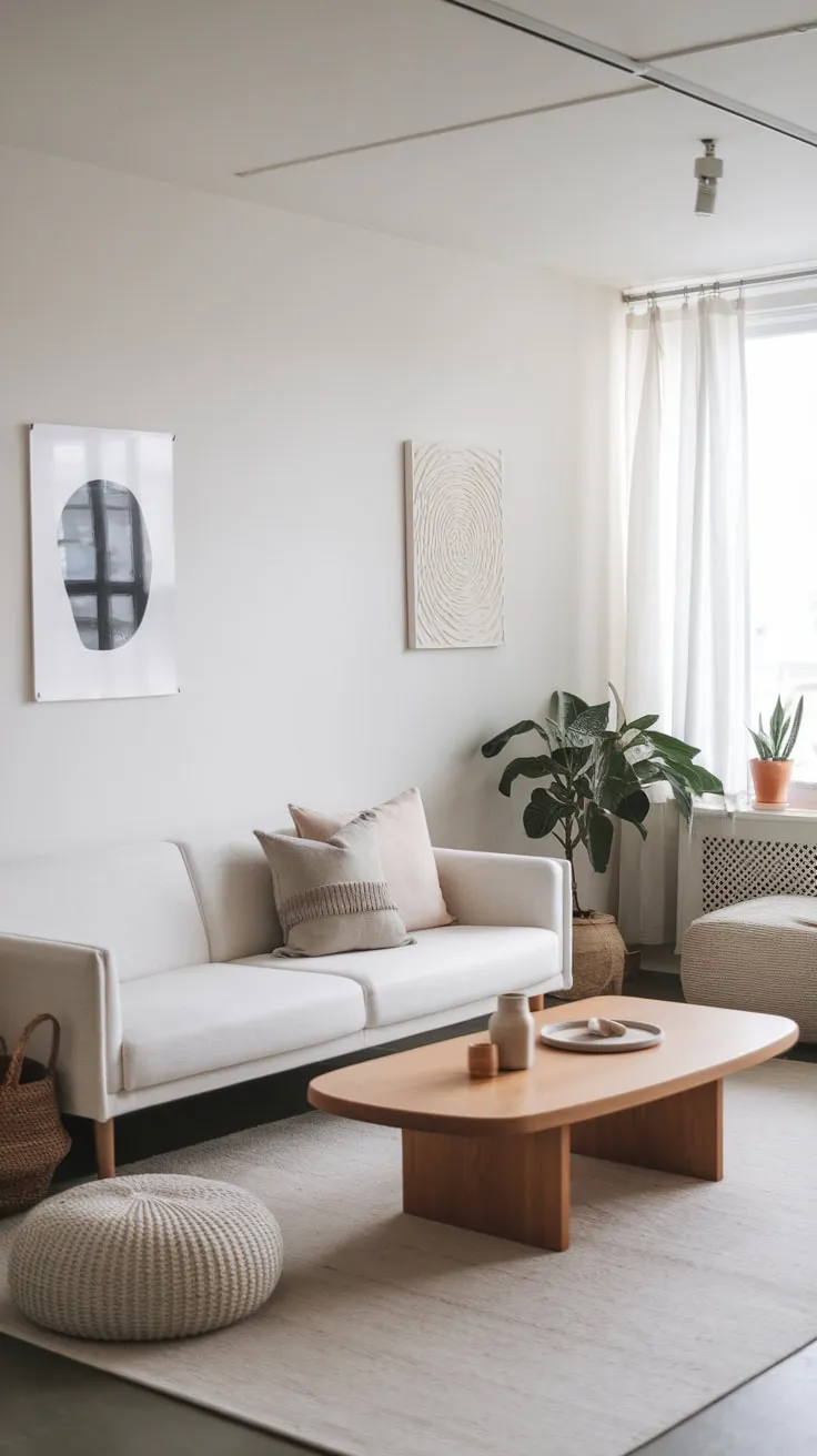 A calming modern Japandi living room features a simple design with a white sofa, wooden accents, and pops of nature.