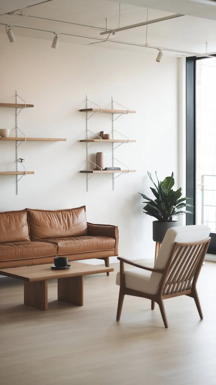A serene modern Japandi living room blends natural wood tones with minimalist white accents for a tranquil atmosphere.