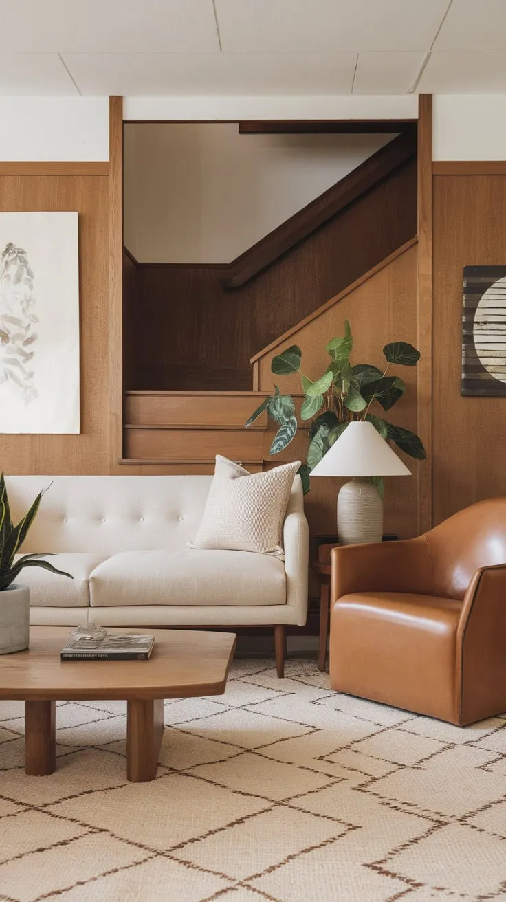 Warm wood, neutral tones, and carefully chosen décor create a tranquil modern Japandi living space.