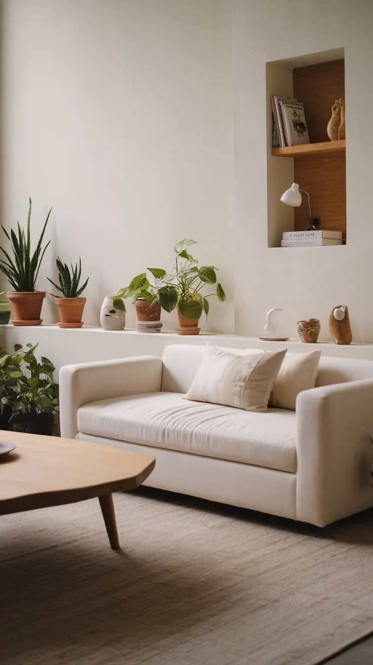 Soft lighting illuminates a serene modern Japandi living room featuring a white sofa, wooden accents, and carefully curated plants.