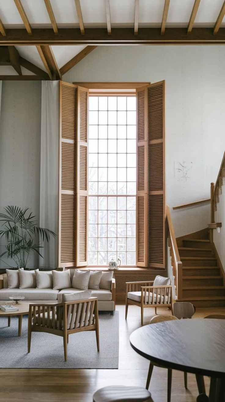 A minimalist Japandi living room showcases natural wood, calming greys, and a tranquil atmosphere.
