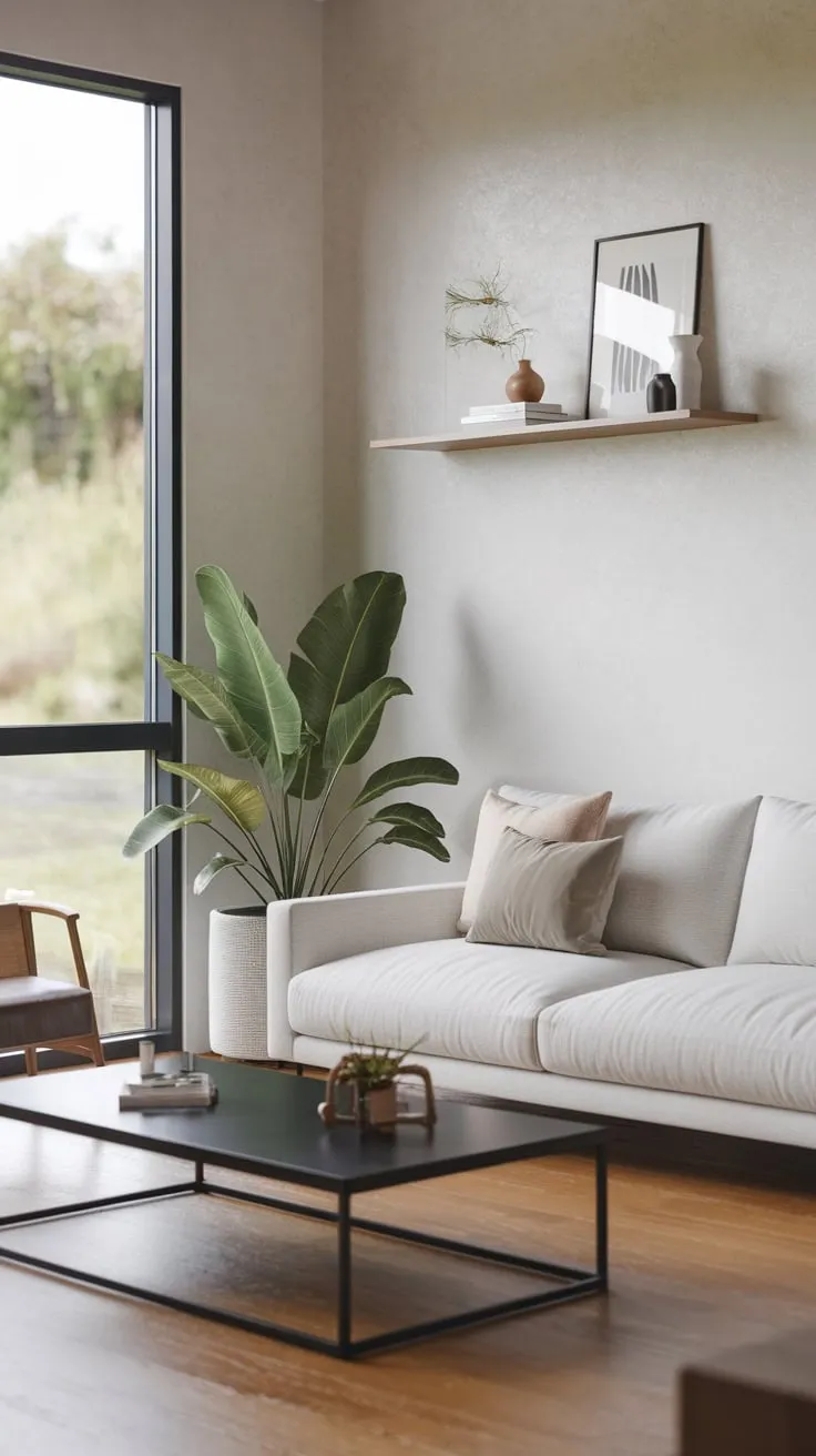 Clean lines and natural elements define this modern Japandi living room, showcasing minimalist style with a calming view.