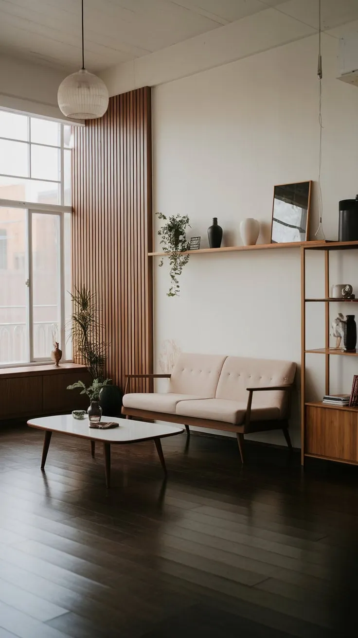 A spacious apartment boasts a modern Japandi living room, showcasing natural wood tones against crisp white walls and minimalist furniture for a serene atmosphere