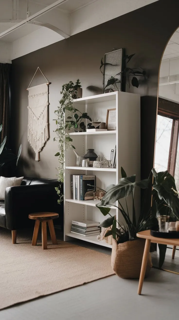Soft lighting illuminates a calming modern Japandi living room featuring a dark gray wall, black sofa, and white shelving accented by natural wood and greenery.