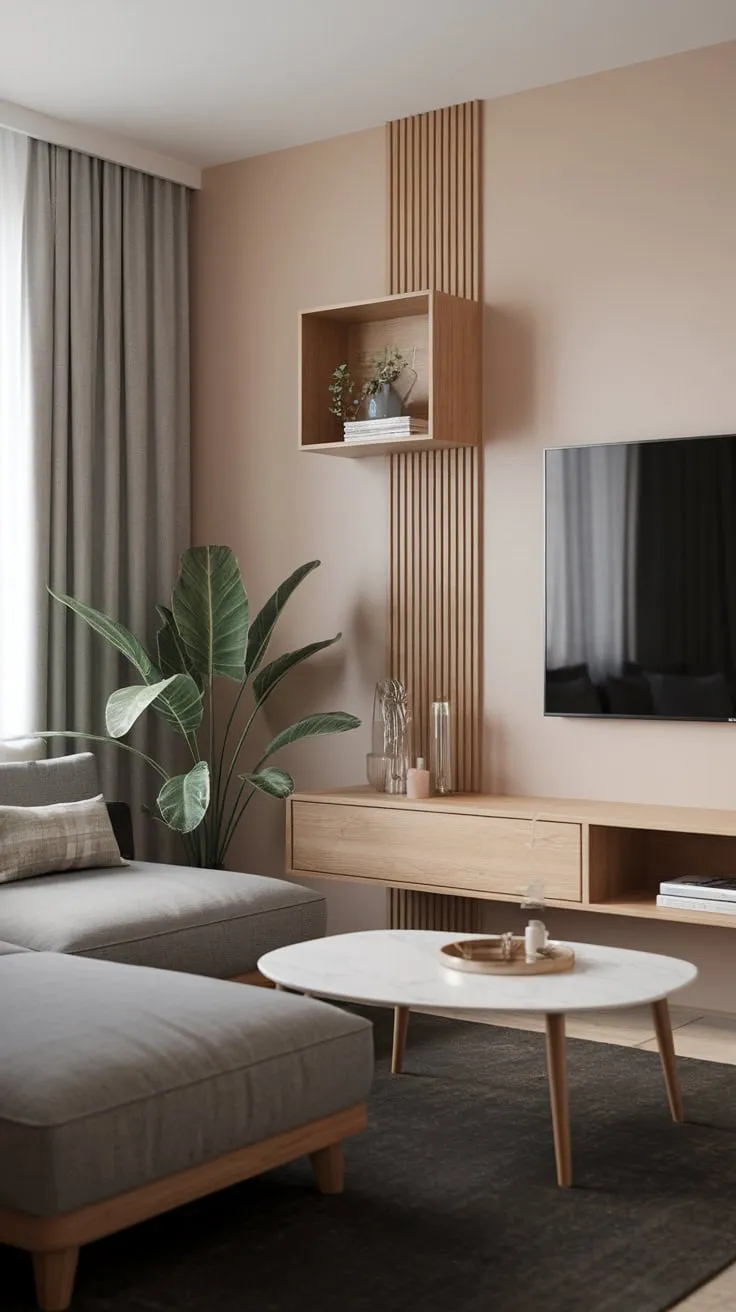 A calming modern Japandi living room features a gray couch, wooden accents, and pops of green against a neutral backdrop.
