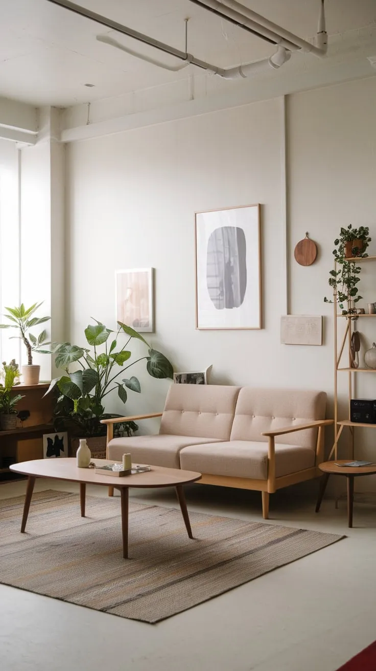 Clean lines and natural materials create a peaceful modern Japandi living space.