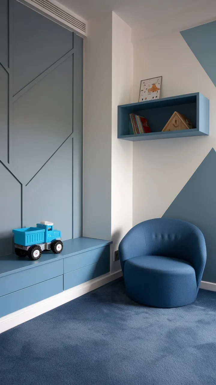 This toddler's room masterfully combines modern sophistication with playful charm, featuring a chic grey geometric wall and vibrant blue accents for a dream nursery.