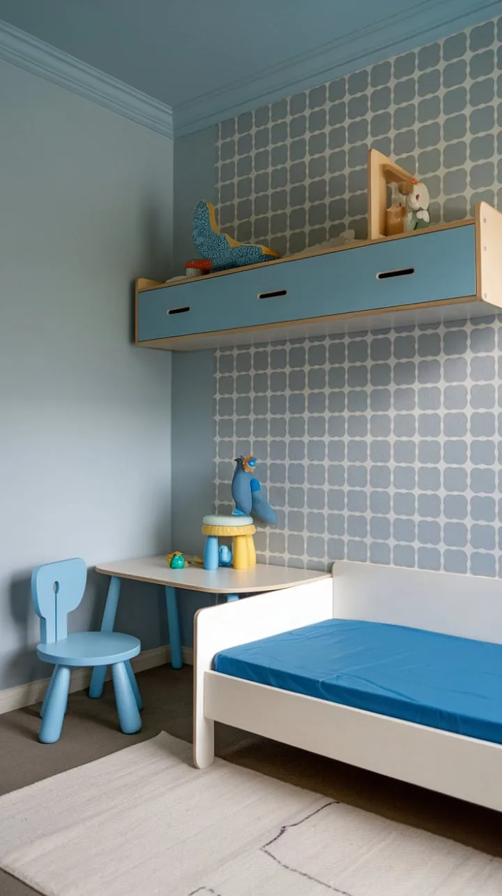 This stylish nursery combines a sophisticated geometric design with a calming blue and white palette, creating a comfortable and fun space for both play and rest.