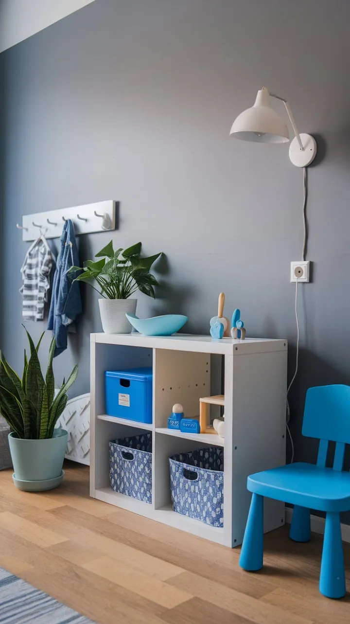 This stylish gray kid's room blends playful accents with cozy functionality, creating an inviting retreat for imagination and creativity.