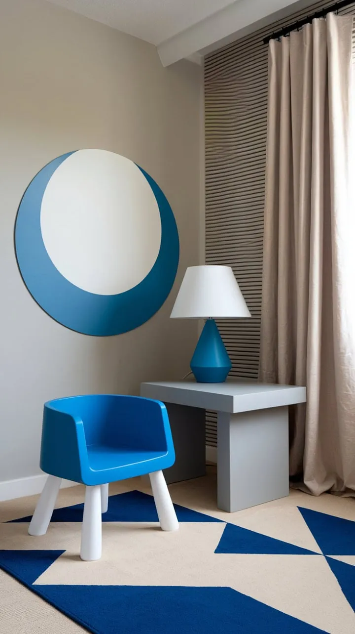 This stylish child's room blends modern design with playful blue accents and a whimsical geometric rug, creating a serene space for imaginative adventures.