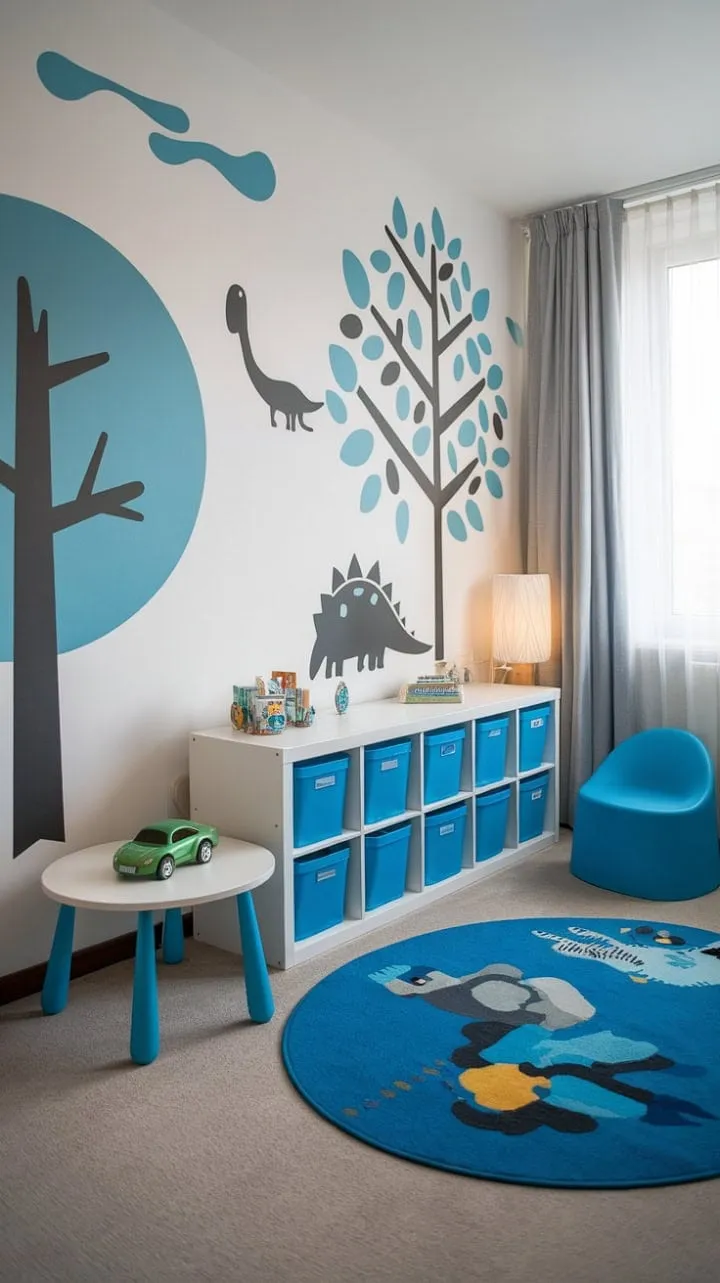 In this enchanting explorer's room, a vibrant prehistoric mural and soothing blue accents invite endless adventures and dreamy escapades.