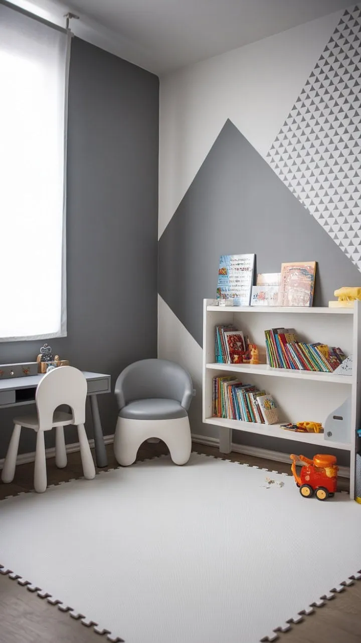 This vibrant toddler boy's room blends playful geometric patterns with a calming gray and white palette, fostering creativity and exploration in a functional, organized space.