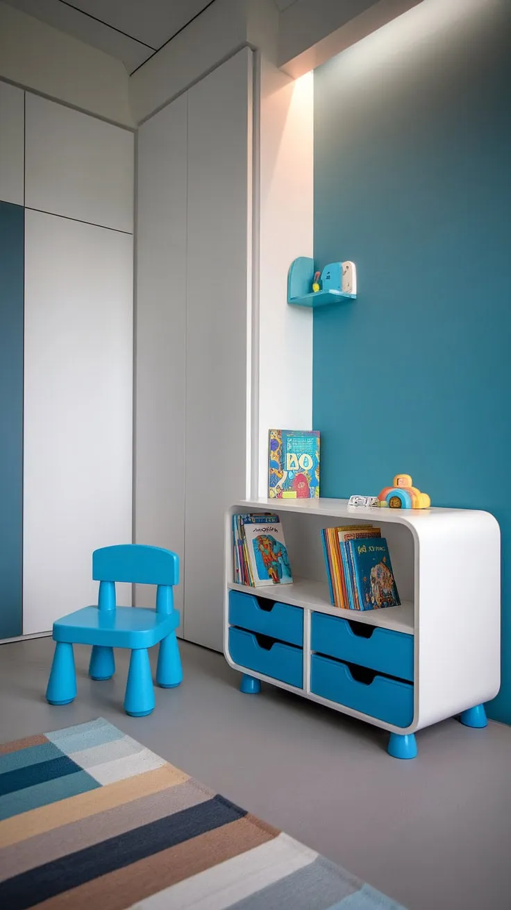 Soft light dances across this serene toddler boy's room, highlighting the calming blue accent wall and the thoughtfully curated space. A charming bookshelf, a comfortable chair, and a carefully chosen few toys create a haven where learning and play intertwine seamlessly. A truly inspiring nursery.