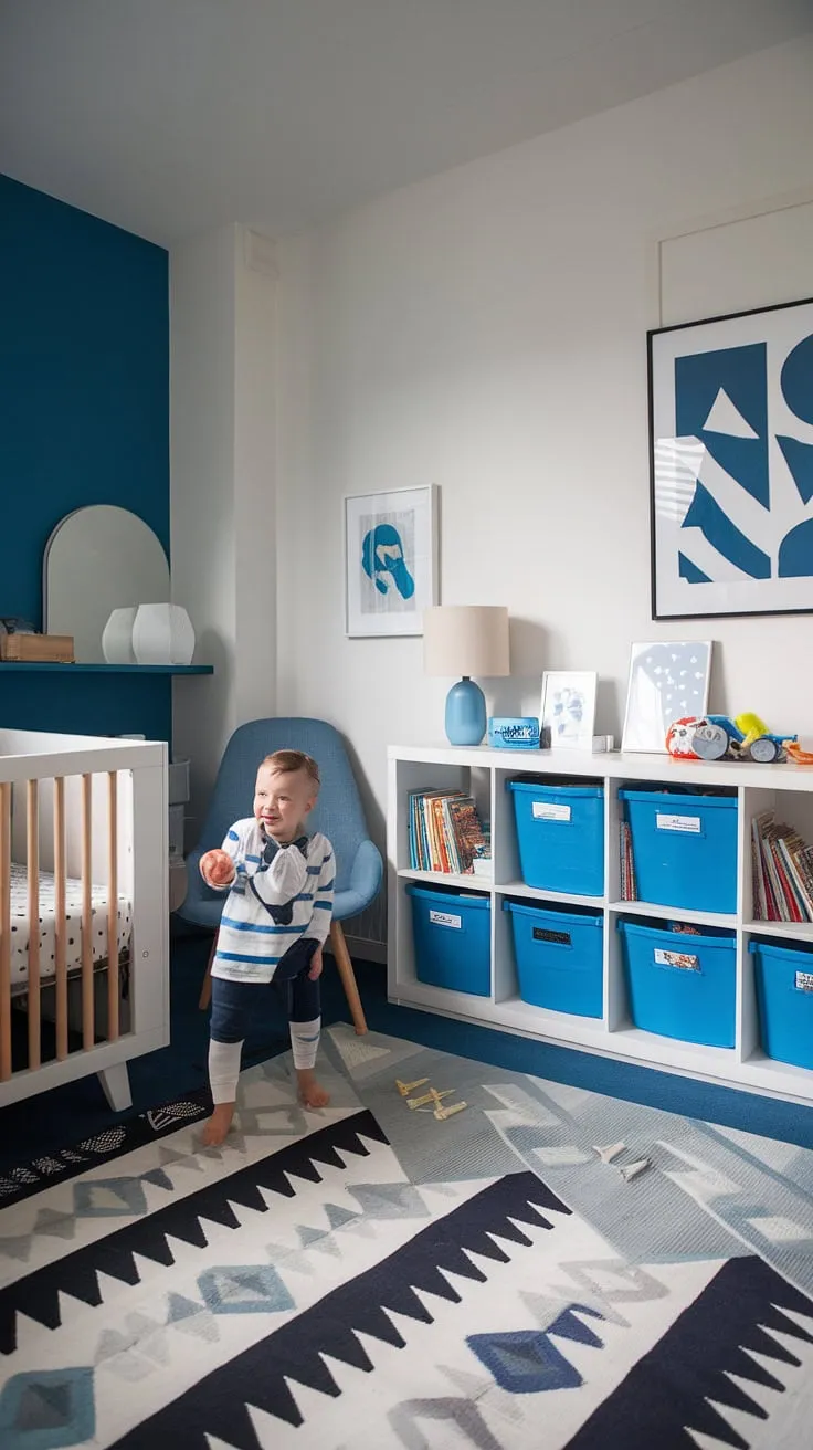 This nautical-themed nursery is a testament to thoughtful design. Every detail, from the blue accent wall to the organized bookshelf, creates a stimulating yet serene environment for A happy toddler.