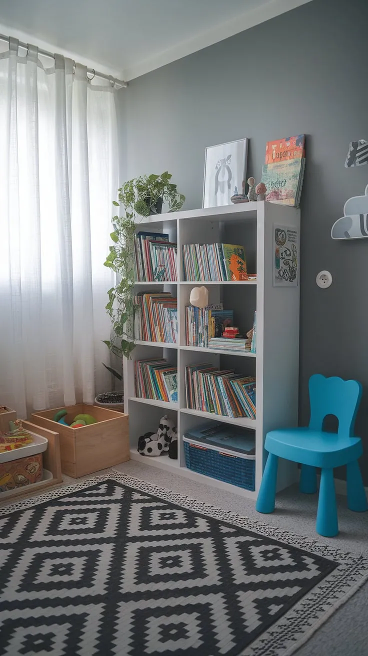 This thoughtfully designed kid's room balances style and functionality. The neutral palette, punctuated by pops of blue and green, fosters creativity and relaxation. From the well-stocked bookshelf to the inviting reading nook, every detail is carefully curated to inspire learning and play.