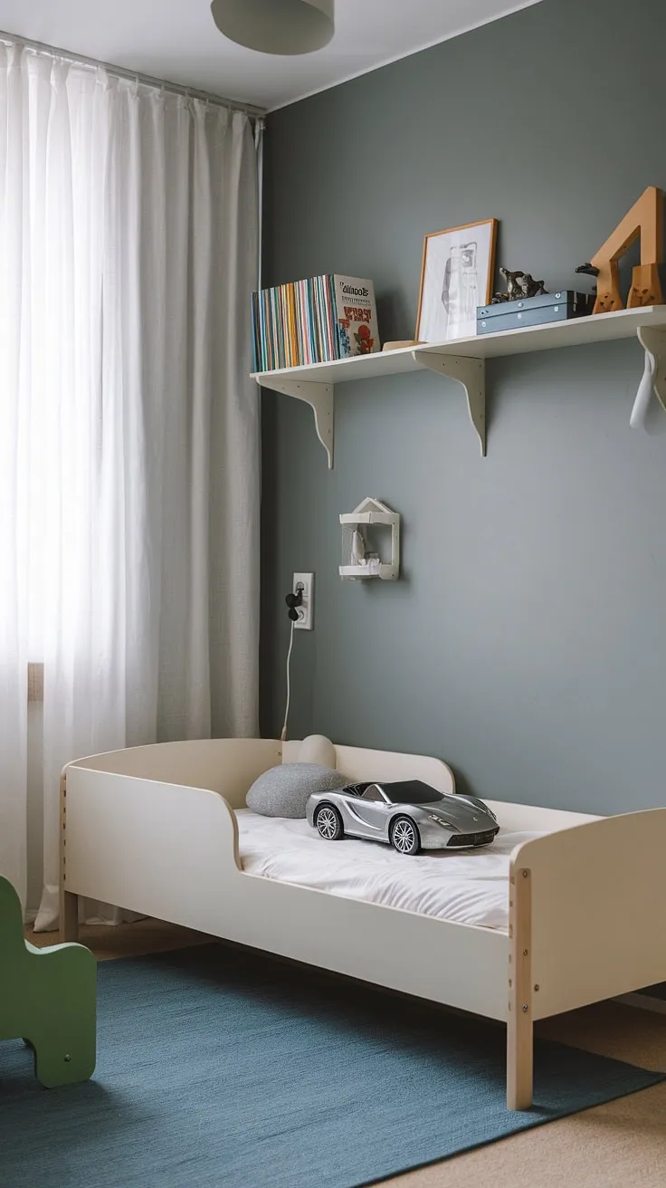 This little one's room is a haven of calm and playful energy. The grey walls provide a sophisticated backdrop for the white wooden bed, where a toy car awaits adventures. A green chair sits invitingly nearby, perfect for reading one of the many books on the shelf. The blue rug adds a pop of color, completing this perfectly styled space. A truly inspiring room for a child's imagination to flourish.