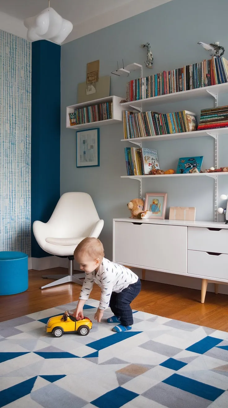 This light-filled nursery is a testament to thoughtful design. The calming gray walls, pops of blue, and carefully chosen mid-century modern furniture create a serene yet stimulating environment where learning and play thrive. A perfect space for a little one to explore and grow.