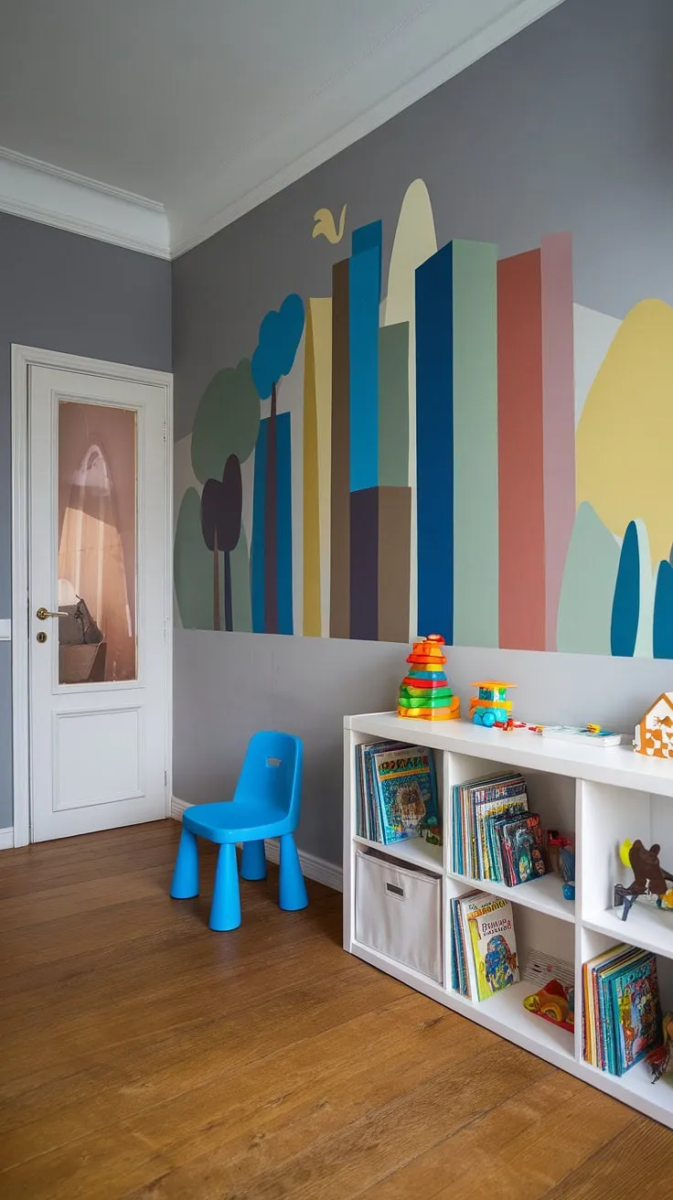 This vibrant mural transforms a simple gray wall into a whimsical cityscape, perfect for sparking a toddler's imagination. The playful mix of colors and textures, combined with the functional bookshelf and comfy chair, creates a stimulating yet calming space for learning and play. A haven of creativity where childhood adventures unfold.