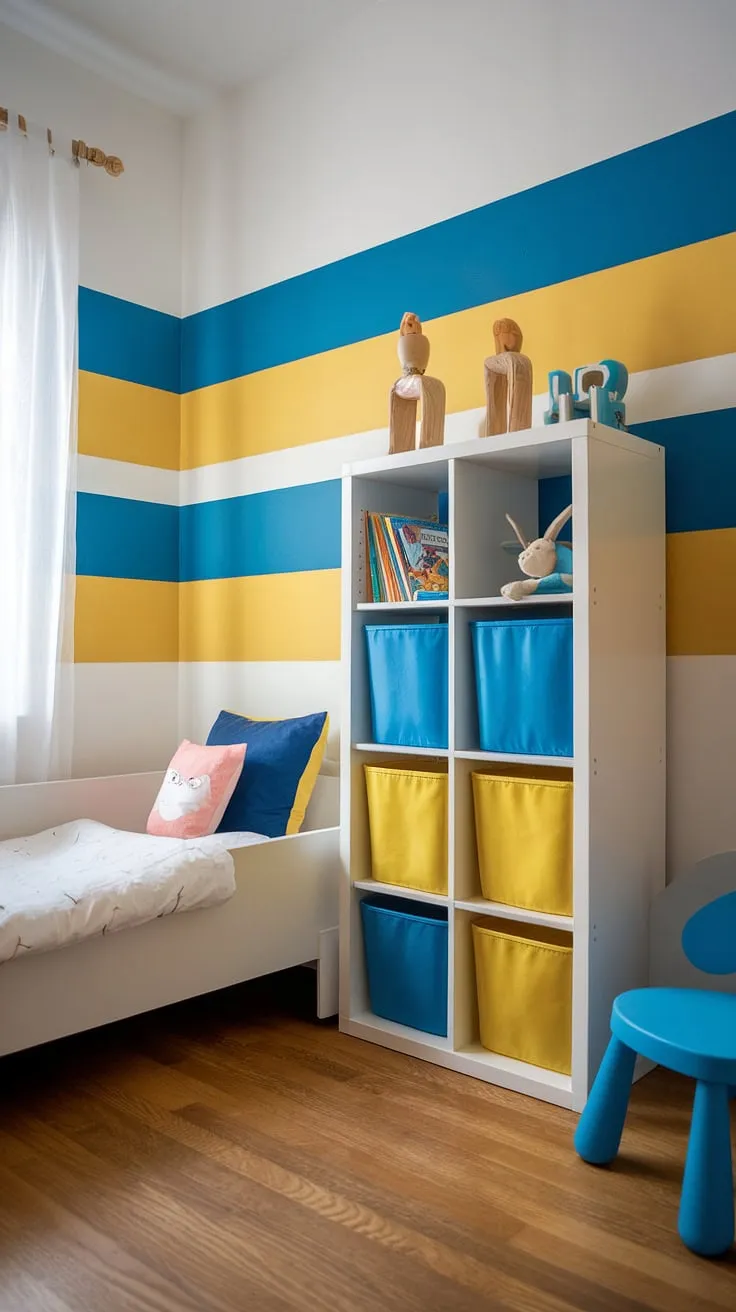 This cheerful toddler's room, painted in sunny yellow and sky blue stripes, is a perfect blend of playful and calming. The white furniture provides a clean backdrop, while colorful storage containers and a comfy blue chair add pops of personality. A space designed for sweet dreams and happy playtime.
