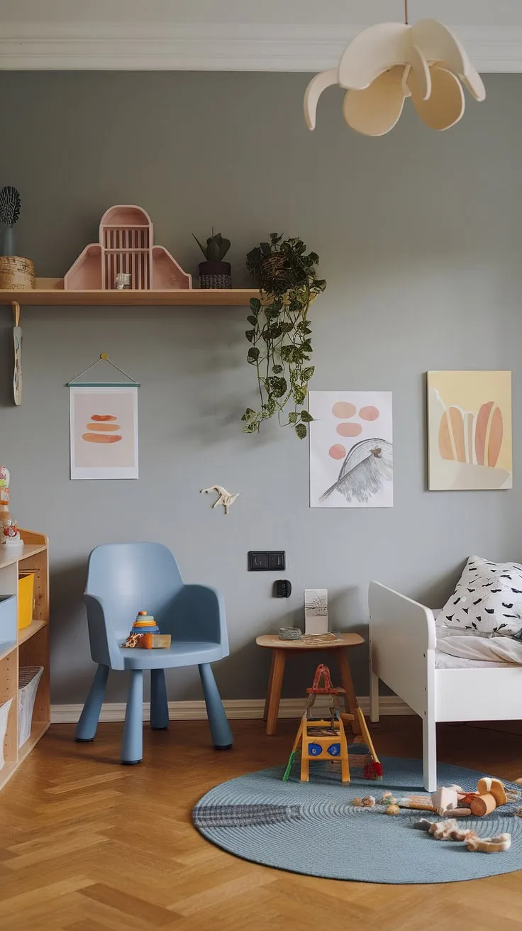 A haven of calm amidst the chaos of childhood. This thoughtfully designed space blends neutral tones with pops of color, creating a room where a child can both relax and explore. The simple elegance of the design allows the child's personality to shine through, making it truly their own.