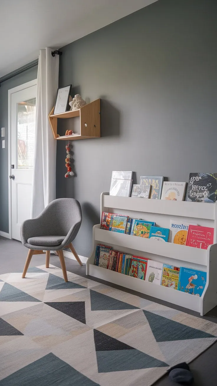 A calming sanctuary for little minds, where imagination takes flight amidst colorful books and quiet corners. The gray walls provide a neutral backdrop for creativity to bloom, while the geometric rug adds a playful touch. A perfect space for quiet reading and playful adventures.