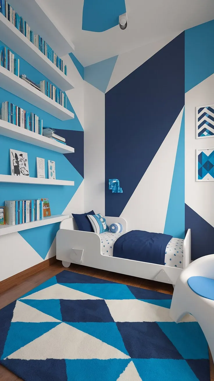 This modern boy's room is a haven of tranquility, perfectly balancing style and functionality. The blue and white color scheme, complemented by geometric patterns and carefully chosen artwork, creates a stimulating yet peaceful environment for a growing child. A space designed for learning, playing, and restful sleep.