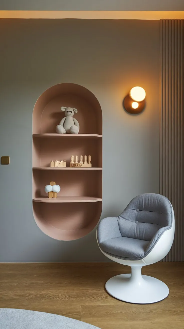A calming sanctuary for sweet dreams, this toddler boy's room is designed with a focus on simple elegance and functionality. The curved shelf adds a playful touch, while the neutral color palette creates a space that's both stylish and soothing. A perfect blend of form and function for a growing little one.